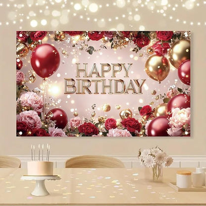 Red and Gold Happy Birthday Backdrop Banner Elegant Roses Balloons Photography Background Birthday Party Decorations Photo Booth Props Supplies 71x43 Inch