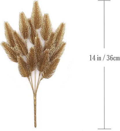 PASYOU Fake Plants, Artificial Flowers Decoration for Christmas Golden Pine Grass Plastic Faux DIY Crafts Indoor Outdoor Home Garden Party Room Bedroom Wedding Table Centerpiece Decor, Gold 4 Pack
