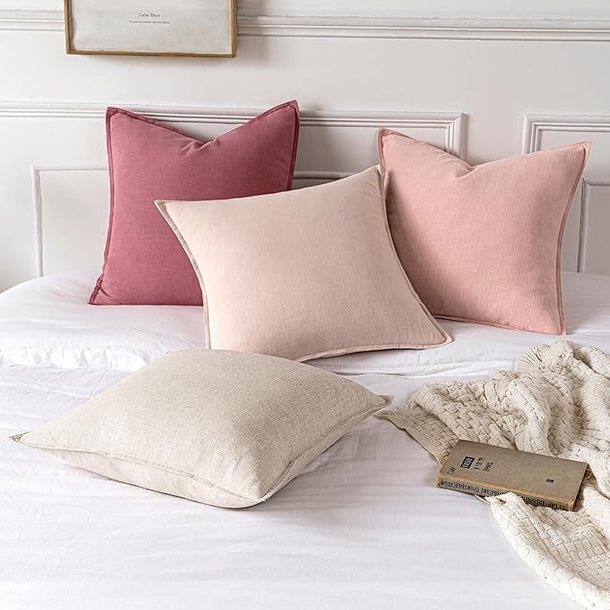 MIULEE Decorative Linen Euro Sham Pillow Covers 24x24 Pink Boho Farmhouse Neutral Couch Throw Pillows for Bed Pack of 2 Accent Modern Pillowcase Sofa Livingroom Home Decor