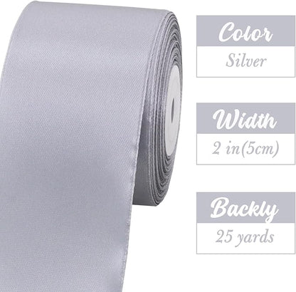 TONIFUL 2 in x 25 Yds Wide Silver Satin Ribbon Solid Fabric Ribbons Roll for Crafts Chair Sash Valentine's Day Gift Wrapping Invitation Cards Floral Hair Bows Sewing Party Wedding Car Decoration