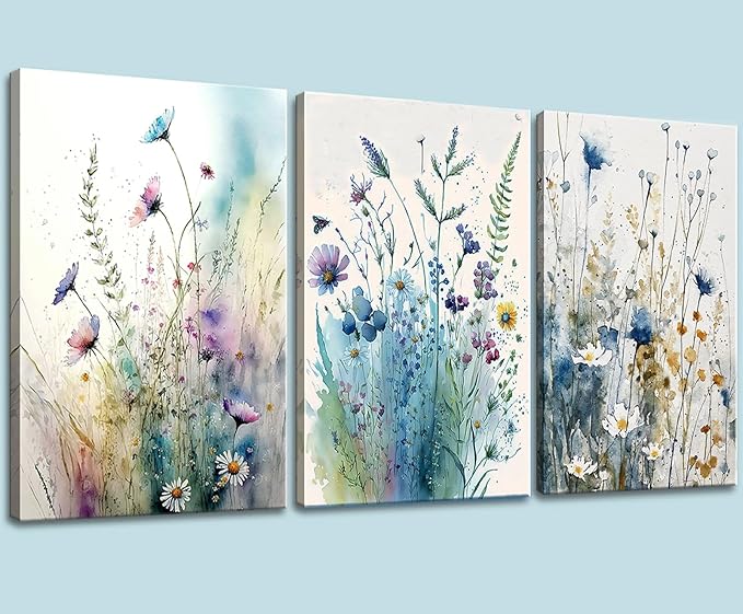 dgbtcart Colorful Flower Canvas Wall Art Set, Watercolor Daisy Floral Wall Decor, Wildflower Plant Wall Painting, Multicolour Botanical Art Print for Living Room Girls Bedroom Bathroom - 16"x24"x3pcs