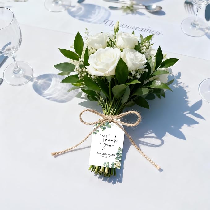 G2PLUS 50PCS Thank You Gift Tags with String, 3.3X2.2In Greenery Floral Leaves Paper Tags for Wedding Favors, Baby Shower, Bridal Shower, Party Decorations
