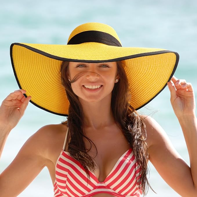 DRESHOW Beach Hats for Women Big Straw Wide Brim Summer Hat Floppy Foldable Roll up Cap Sun Hat UPF 50+