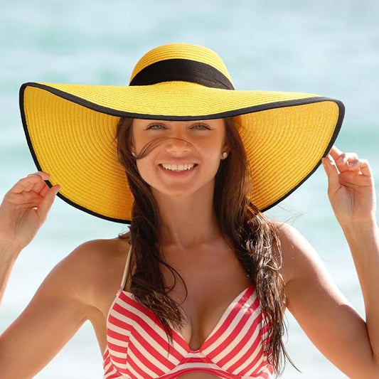 DRESHOW Beach Hats for Women Big Straw Wide Brim Summer Hat Floppy Foldable Roll up Cap Sun Hat UPF 50+