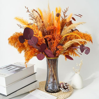 Natural Dried Pampas Grass Bouquet,17" Natural Dried Flower Bouquet, Orange Ear of Sorghum and Autumn Pampas Grass Combination ,Bohemian Style Family Wedding Country Farmhouse Decoration