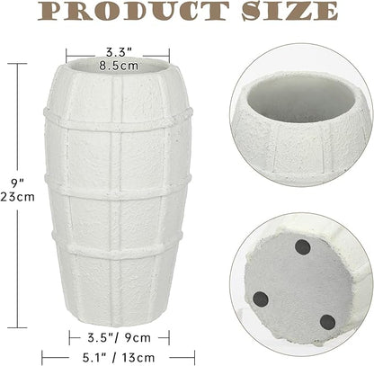 Briful Rustic Terracotta Flower Vase for Home Decor – 9" White Farmhouse Textured Barrel-Style Ceramic Vase Vintage Handcrafted Gridded Design for Faux & Dried Flowers Living Room Table Centerpiece