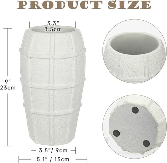 Briful Rustic Terracotta Flower Vase for Home Decor – 9" White Farmhouse Textured Barrel-Style Ceramic Vase Vintage Handcrafted Gridded Design for Faux & Dried Flowers Living Room Table Centerpiece