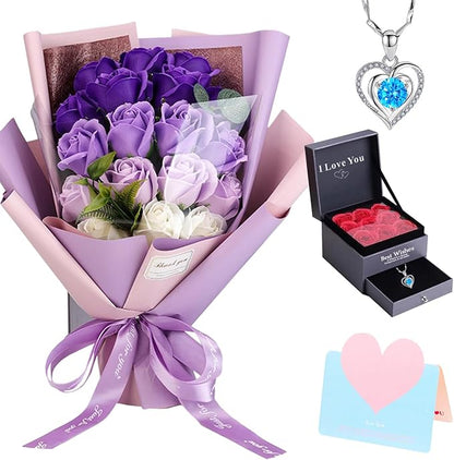 Roses Bouquet Artificial Flower - Preserved Red Rose Flowers with Love Necklace for Her Unique Gift for Birthday, Valentine's Day, Mother's Day, Thanksgiving, Christmas, Anniversary (Purple and White)