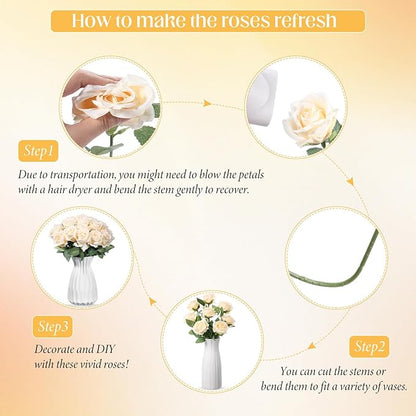 Hotop 20 Pcs Artificial Rose Flowers with Long Stem,Real Touch Silk Realistic Plastic Bouquet Roses Bulk for Home Decor Bridal Wedding Party Table Centerpieces Decorations(Champagne)