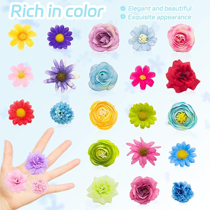 Featuman Green Artificial Flowers Heads for Decoration, 40 Pcs Faux Daisy Baby's Breath Fake Rose Small Flowers, Faux Flowers Head Fabric Flower for Crafts, Birthday, Hair Cap Dress Decoration