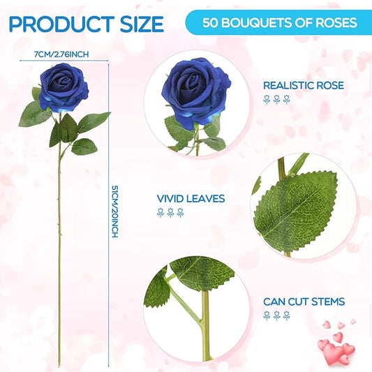 Jexine 50 Pcs Artificial Rose Flower Bulk Realistic Silk Fake Roses with Long Stem Plastic Artificial Flower Bouquet Real Looking for Home Wedding Centerpieces Party Decoration(Blue)