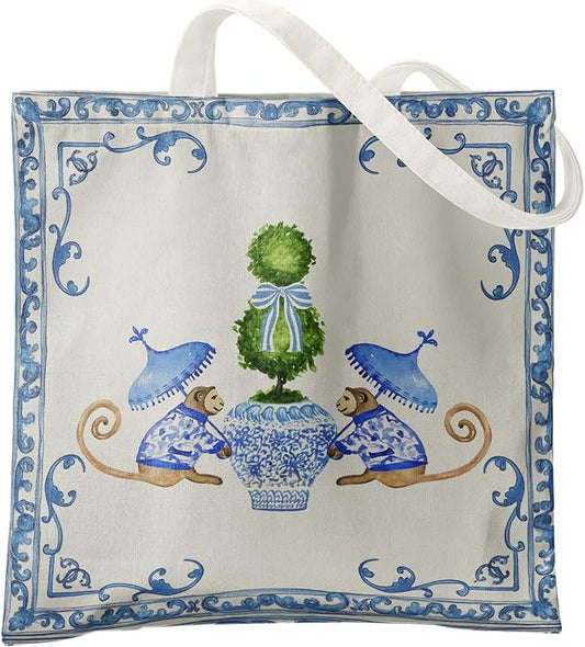 Blue and White Chinoiserie Prints Canvas Tote Bag for Women, Reusable Folding Shopping Bags with Handles