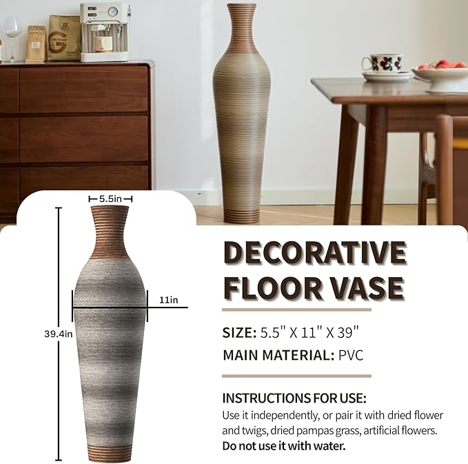 39-Inch Tall Vintage Floor Vase - Premium PVC Rattan Weave, Large Brown Standing Vase, Flower Holder for Home Decor (Light Brown)