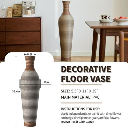 39-Inch Tall Vintage Floor Vase - Premium PVC Rattan Weave, Large Brown Standing Vase, Flower Holder for Home Decor (Light Brown)