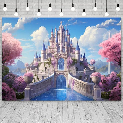 10x6.5ft Princess Castle Backdrop Pink Floral Blue Sky Photography Background White Cloud Forest Mountain Girls Birthday Baby Shower Banner Decorations Wedding Party Portrait Photo Booth Prop