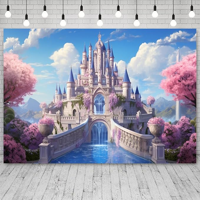 9x6ft Princess Castle Backdrop Pink Floral Blue Sky Photography Background White Cloud Forest Mountain Girls Birthday Baby Shower Banner Decorations Wedding Party Portrait Photo Booth Prop
