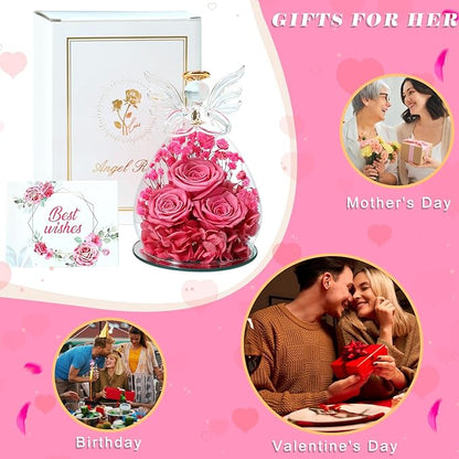 Beferr Christmas Birthday Gifts for Women, Mom Gifts for Christmas Fresh Flowers for Delivery Prime Forever Preserved Rose in Glass Angel Figurine Xmas Gifts for Grandma Wife Sister Her, Rose Pink
