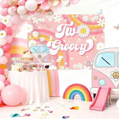 Two Groovy 2nd Birthday Backdrop for Girls Daisy Flower Boho Rainbow Photography Background Retro Hippie Peace Love Second Birthday Party Decorations Banner Supplies Photo Booth Props 7x5ft