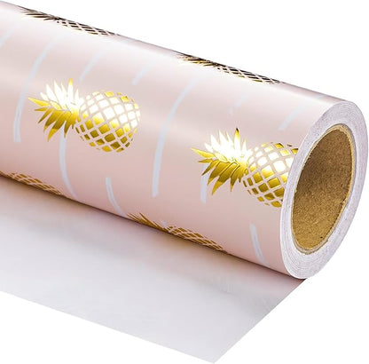 WRAPAHOLIC 30 Inch Jumbo Pineapple Wrapping Paper Roll - 30 Inch x 16.5 Feet - Jumbo Pink and Gold Foil Pineapple Design for Birthday, Wedding, Bridal Shower, Baby Shower