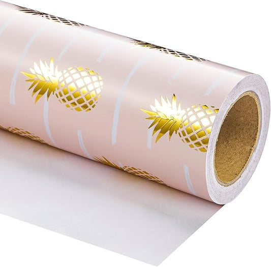 WRAPAHOLIC 30 Inch Jumbo Pineapple Wrapping Paper Roll - 30 Inch x 16.5 Feet - Jumbo Pink and Gold Foil Pineapple Design for Birthday, Wedding, Bridal Shower, Baby Shower