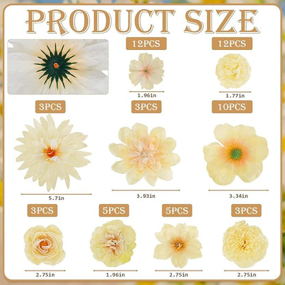 56 Pcs Champagne Artificial Flower Bulk, Fake Flower Heads for Crafts - Faux Mini Fabric Rose Daisy Hydrangea Carnation Mix for DIY Wedding Bouquets Garland Hair Cap Cake Party Home Decoration