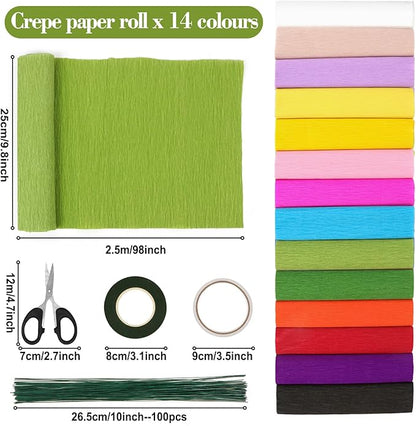 14 Colors Crepe Paper Rolls, 9.8 x 98 Inch Wide Crepe Paper Sheets with 100 Pcs Green Floral Iron Wire, Floral Band, Double-Sided Tape, and Scissors for Birthday Parties Weddings Festival Decoration