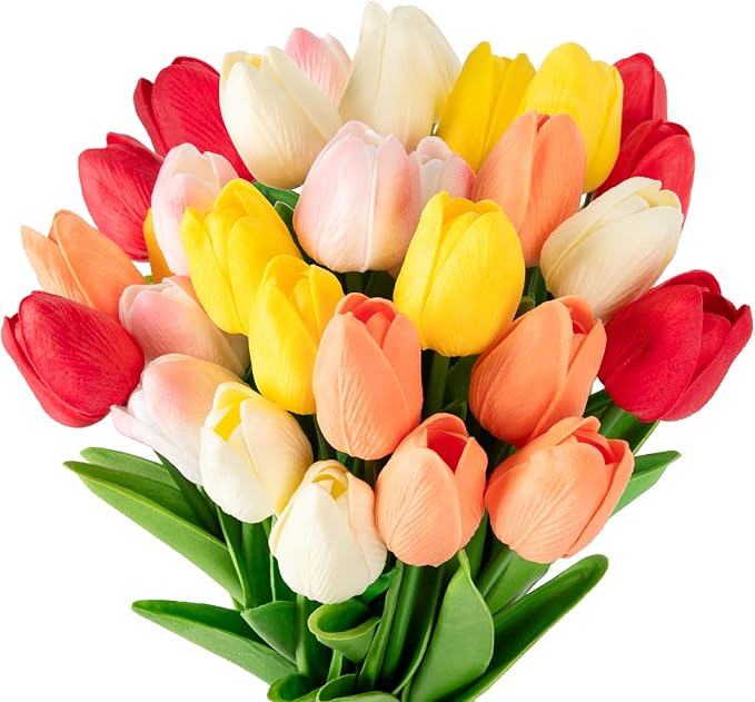 MACTING 30PCS Artificial Tulip Flowers 13.7" Real Touch Fake PU Tulips Bouquet Faux Flowers for Floral Arrangements Table Centerpiece Kitchen Indoor Outdoor Summer Decor (Multi Colors-1)