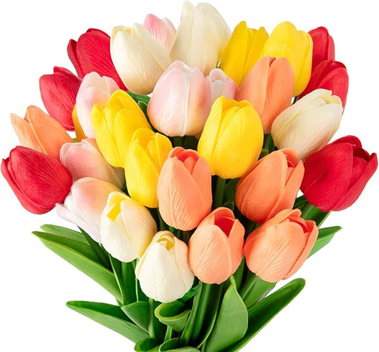 MACTING 30PCS Artificial Tulip Flowers 13.7" Real Touch Fake PU Tulips Bouquet Faux Flowers for Floral Arrangements Table Centerpiece Kitchen Indoor Outdoor Summer Decor (Multi Colors-1)