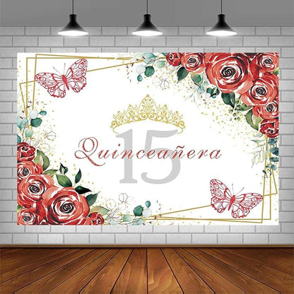 SENDY 10x7ft Quinceañera Backdrop Mis Quince 15 Anos Birthday Party Decoration Supplies for Girl Princess Red Floral Flowers Butterfly Gold Crown Photography Background Banner Photo Booth Studio Props