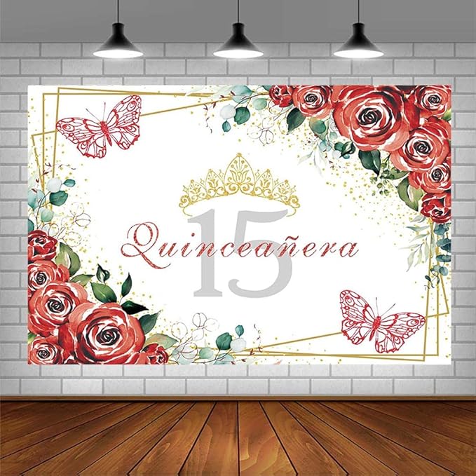 SENDY 7x5ft Quinceañera Backdrop Mis Quince 15 Anos Birthday Party Decorations Supplies for Girl Princess Red Floral Flowers Butterfly Gold Crown Photography Background Banner Photo Booth Studio Props