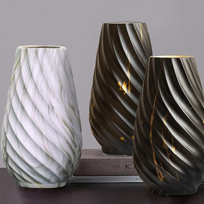 10 inch Tall Ribbed Ceramic Vase for Flowers,Boho Vases for Pampas Grass,Wood Grain Exterior vase,Simple Modern Decorative Vase for Home Decor Table Centerpieces(White)