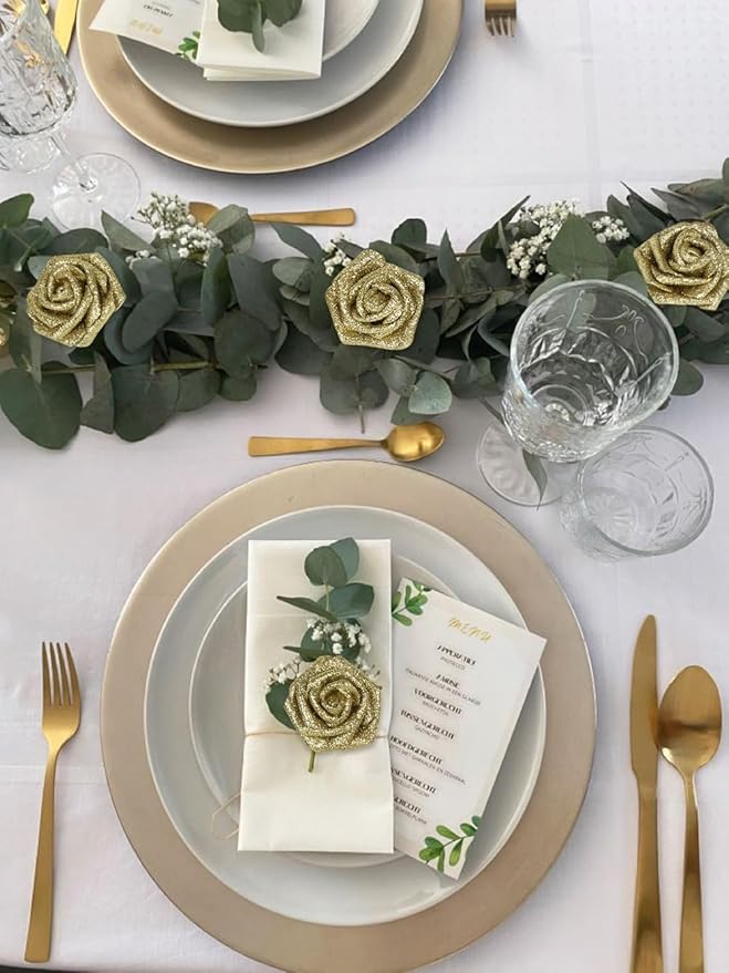 Gold Glitter Roses, 50PCS Fake Roses 2.76" Gold Flowers Artificial for Decoration Wedding Christmas Home Table Floral Arrangement