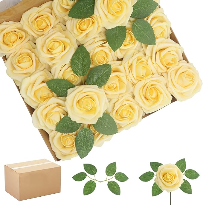Artificial Flowers Creamy Yellow Roses 200Pcs Real Looking Foam Fake Roses with Leaves for DIY Wedding Bouquets Bridal Shower Party Decorations (Creamy Yellow, 200)