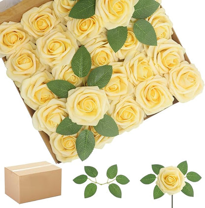 Artificial Flowers Creamy Yellow Roses 200Pcs Real Looking Foam Fake Roses with Leaves for DIY Wedding Bouquets Bridal Shower Party Decorations (Creamy Yellow, 200)