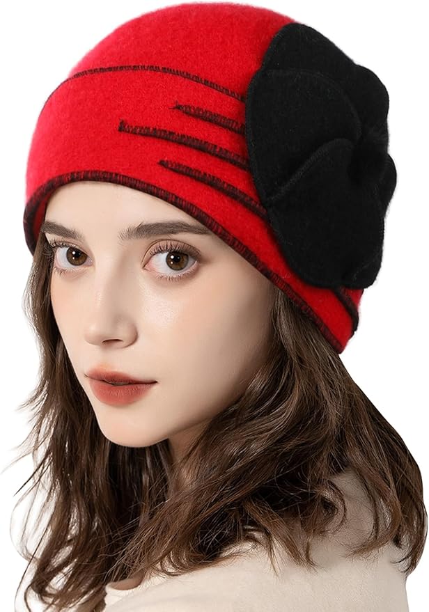 Sumolux Beanie Hats for Women Wool Skull Cap Beret Floral Cuffed French Vintage Dress Cloche Classic Winter 1920s