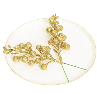 Lvydec 16pcs Christmas Glitter Berries Stems, 7.8" Artificial Christmas Picks for Christmas Tree Ornaments, DIY Xmas Wreath, Crafts, Holiday and Home Decor (Gold)