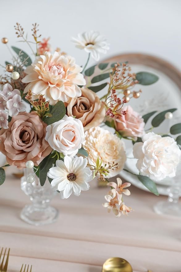 YYHUAWU Artificial Flowers Combo Set Fake Flower Leaf Box with Stems for DIY Wedding Bouquets Centerpieces Arrangements Baby Shower Party Home Decorations (Brown & Nude Color)
