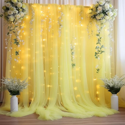 10ft x 8ft Yellow Backdrop Curtain with Lights String for Parties, Sheer Tulle Wedding Photo Backdrops Drapes for Baby Shower Birthday Party Decorations Background for Photography