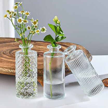 Brajttt Glass Bud Vase Set in Bulk, 9pcs Mini Vintage Flower Vases for Wedding, Clear Relief Vase for Centerpieces,Home Table Flower Decor, Party Decorations