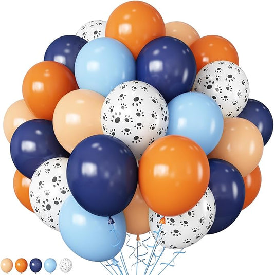Dog Paw Balloons Orange and Blue 60pcs 12 Inch Paw Print Puppy Balloons Navy Blue Pastel Orange Beige Latex Helium Balloon for Boys Paw Space Theme Baby Shower Blue Birthday Party Decorations