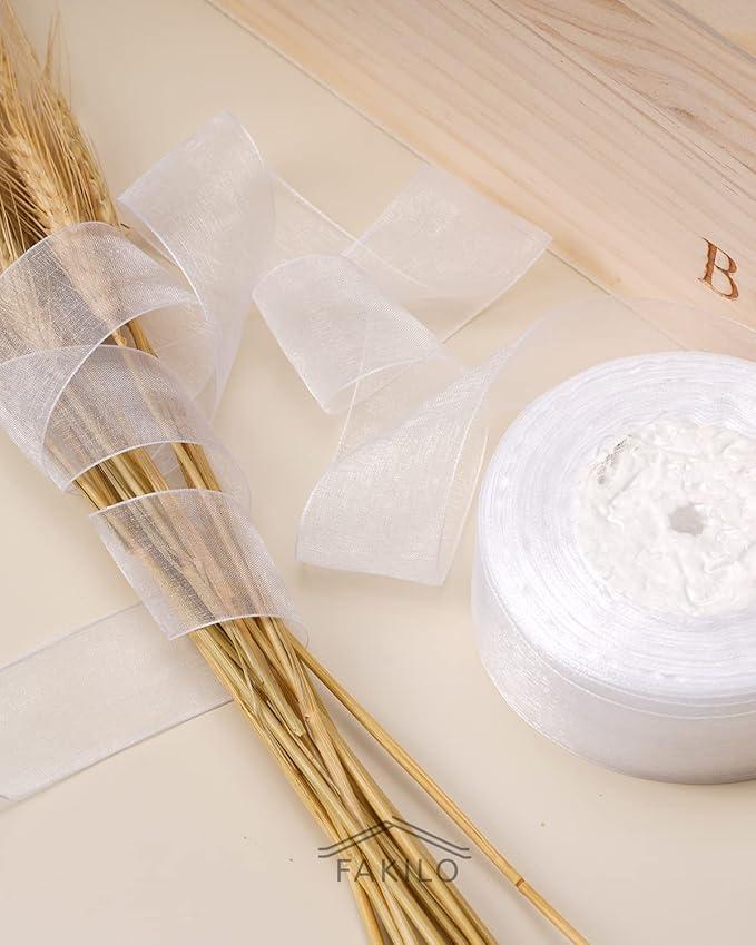 White Organza Ribbon for Gift Wrapping, FAKILO 2 Inch Shimmer Sheer Wrapping Ribbon for Bouquet, Wedding, Christmas Gift - 50 Yards Each Roll