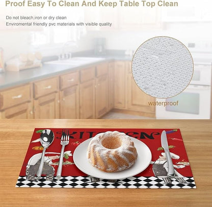 Chef Cooking Placemats Cartoon Rustic Vegetable Fruit Lattice Pastry Fat Chef Carrot Corn Gourmet Cookware Placemats Table Kitchen Dining Party 12x18 Inch Set of 6