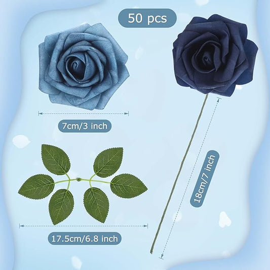50 Pcs Artificial Foam Rose Flowers Faux Bouquet with Leaves and Stems for DIY Wedding Bouquets Centerpieces Bridal Shower Party Valentine Home Decorations (Shades of Blue)