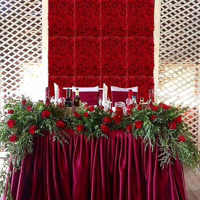 BLOSMON Flower Wall Backdrop Red - 6 Pcs 24 x 16 Inch Artificial Hydrangea Floral Panels for Wedding Party Baby Bridal Shower Decor - Fake 3D Silk Flower Backdrop Decoration