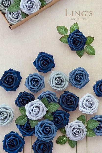 Ling's Moment Artificial Flowers, 25Pcs 3" Roses in Dusty Blue Shades, Realistic DIY Foam Floral Decor for Wedding Bouquets/Centerpieces, Outdoor Party Backdrops, Room/Table, and Garden/Pot Decoration