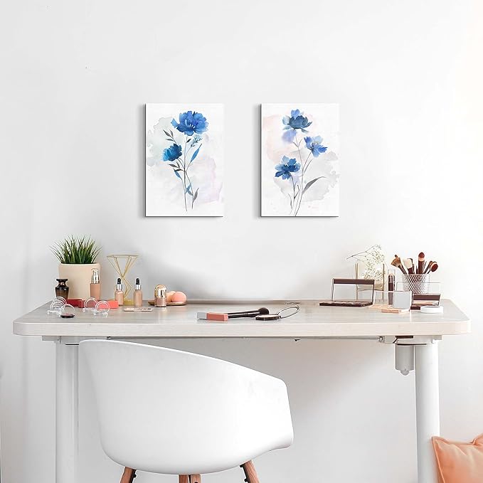 Flower Canvas Abstract Wall Art: 2 Pieces Navy Blue Floral Prints Artwork Vintage Wildflower Bouquet Botanical Picture Painting for Bedroom Living Room Bathroom Home Office