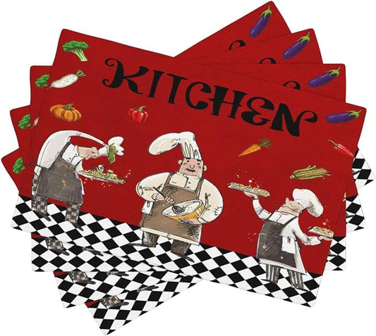 Chef Cooking Placemats Cartoon Rustic Vegetable Fruit Lattice Pastry Fat Chef Carrot Corn Gourmet Cookware Placemats Table Kitchen Dining Party 12x18 Inch Set of 6