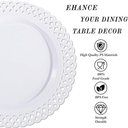COLOSUS 60Pcs White Plastic Plates, Fancy White disposable Plates,Nice Scallop plates,Heavy Duty Lace Hollowed Out Plates include 30 Dinner Plate 10” and 30 Salad/Dessert Plate 7.5”for Christmas