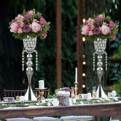 2Pcs Silver Crystal Metal Vase Set - Tulip & Trumpet Wedding Centerpieces, Artificial Flower Arrangement Vases for Home Decor, Restaurant Table Displays