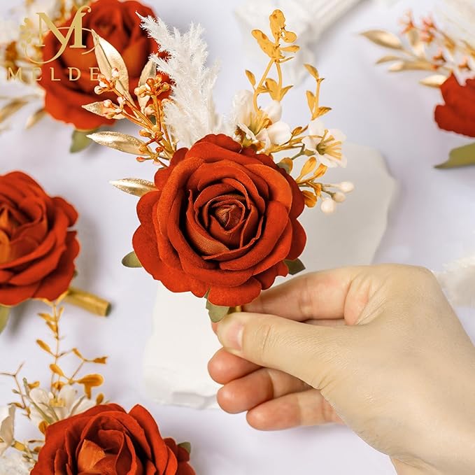 Meldel Burnt Orange Velvet Rose Boutonniere for Men,Set of 6,Groom and Best Man Boutonnieres with Artificial Flower,for Wedding Ceremony Anniversary, Dinner Party, Fall Vintage Rustic Marriage Prom